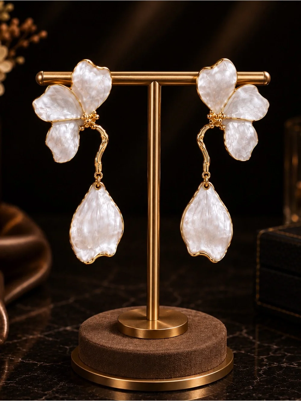 Gold & White Floral Drop Earrings - Elegant Pearlized Petal Design NWOT